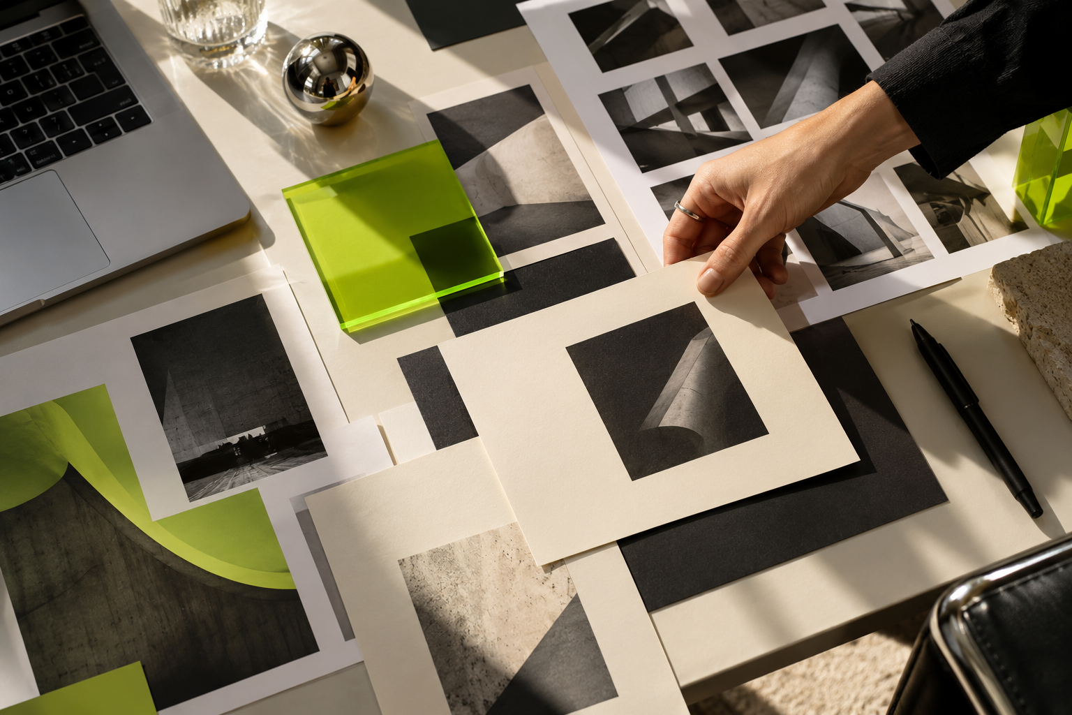 An illustrative creative workspace with campaign layouts and lime-green material swatches